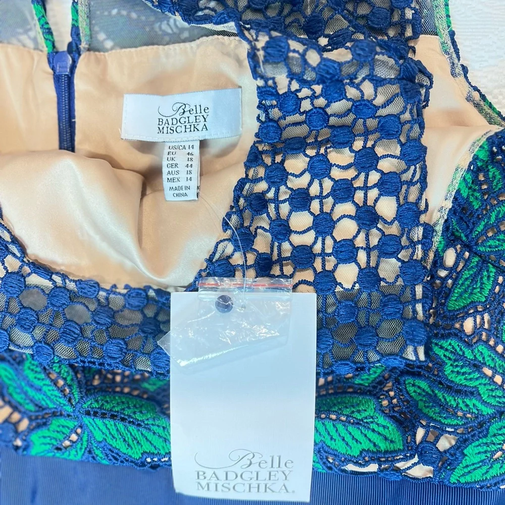 Badgley Mischka Green and Blue Floral Lace Mini Dress Sz.14 NWT - Picture 4 of 6